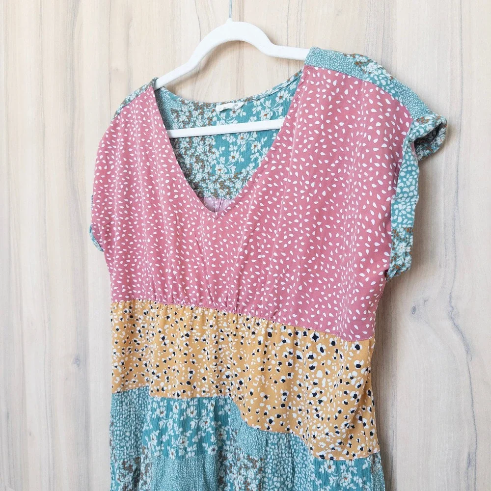 Kori Floral Parchwork Mini Dress Medium Multicolor Tiered Boho Cottage Summer - Picture 5 of 9